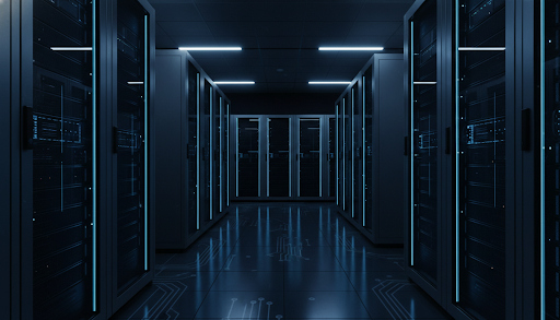 A professional high-tech server room with glowing blue LED indicator lights on modern rack-mounted servers.